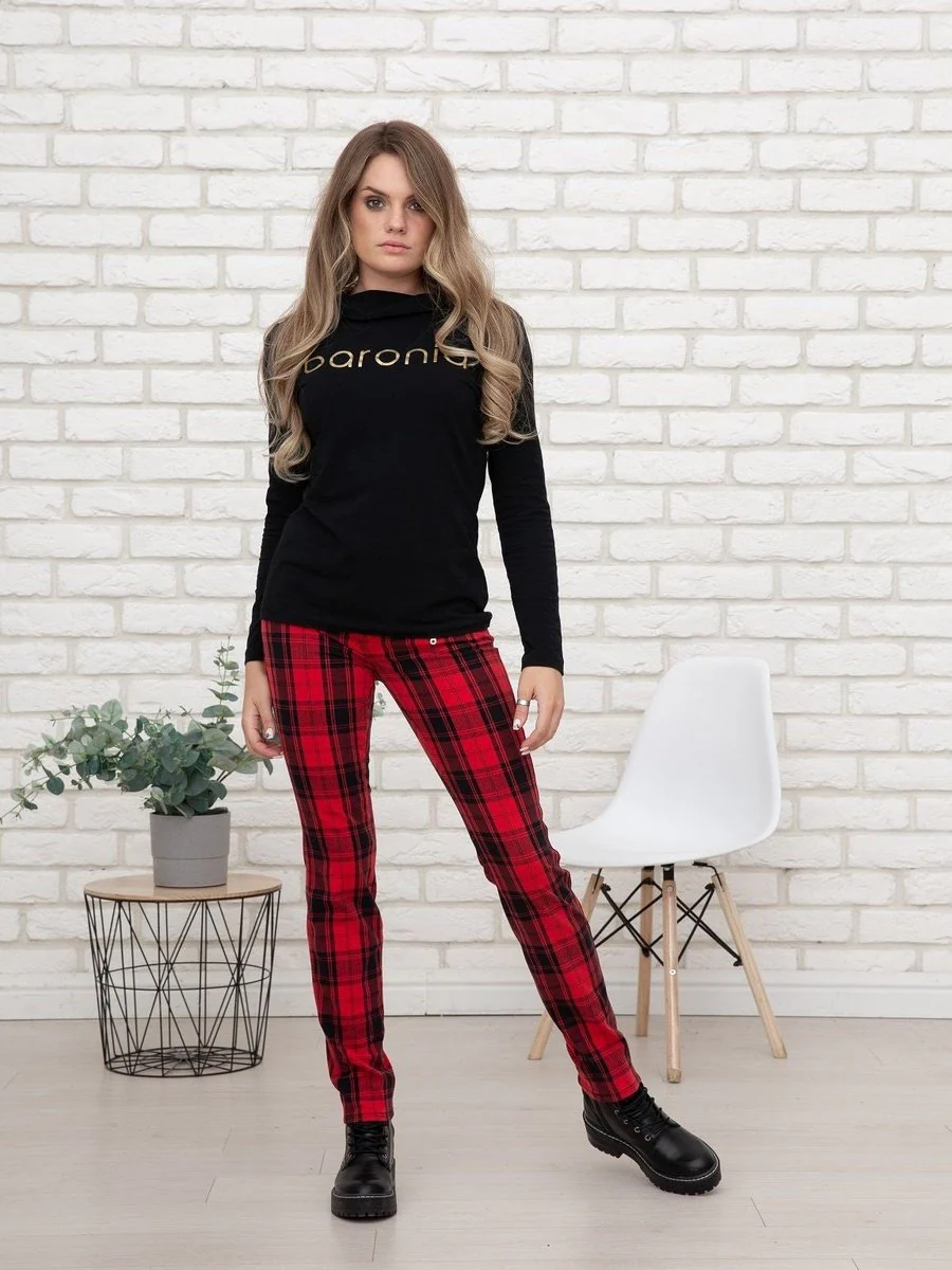1425-238-324-6 Elisa-zip Karierte Damen Hose in rot/schwarz – Bild 3